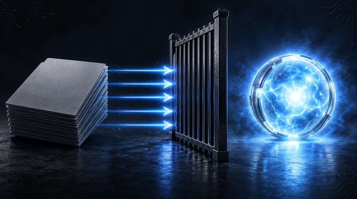 A document slab on the left, a closed gate of vertical bars in the middle, and a bright core on the right that five arrows never reach