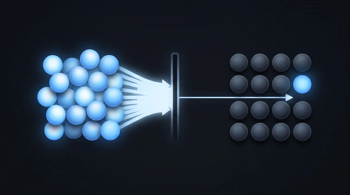 Many identical spheres funnelled through a gate, one emerging lit among dark ones