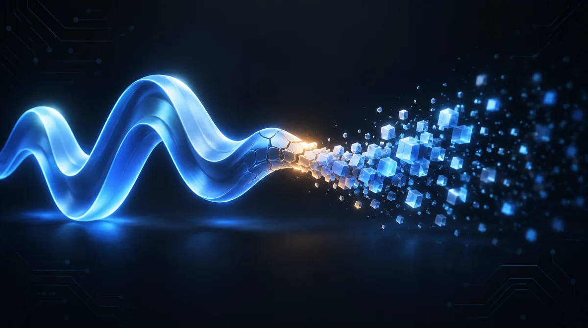 A solid ribbon dissolving into individual particles, standing for one voice becoming many