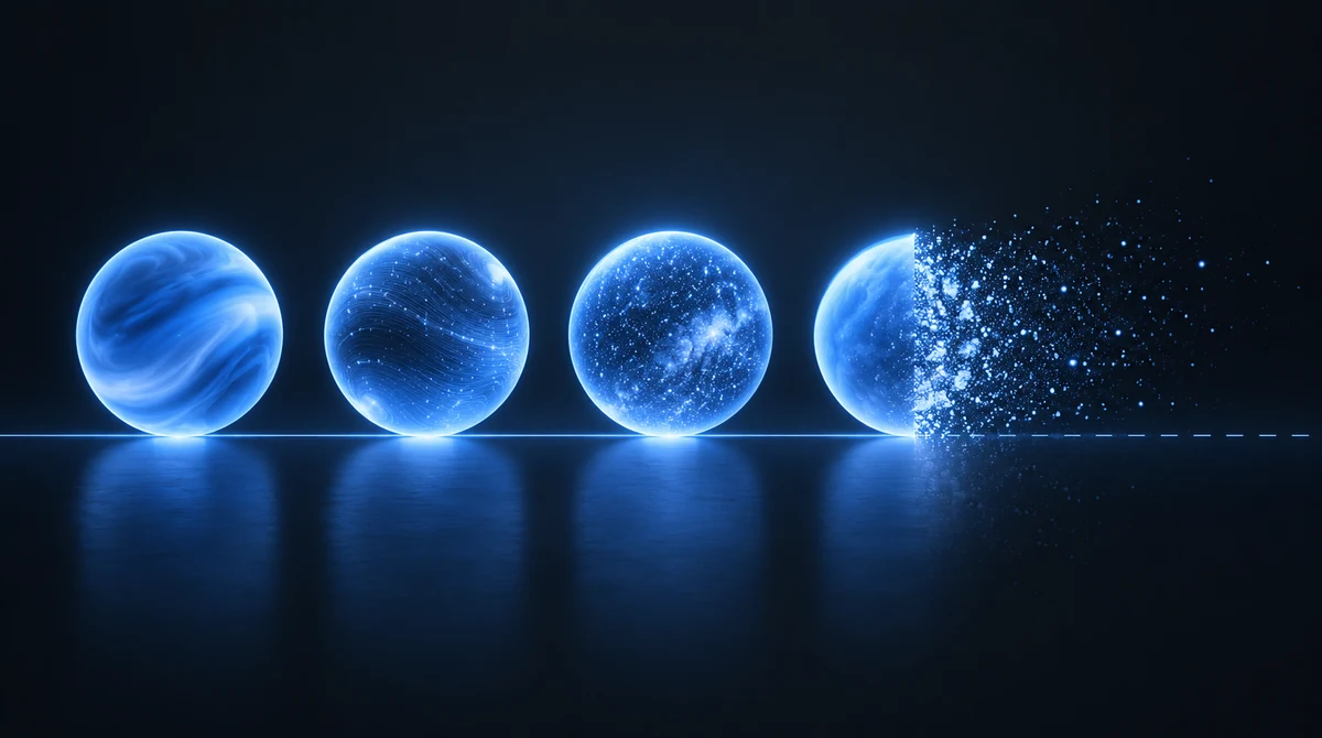Four illuminated spheres on a baseline; the rightmost dissolves into particles beside a dashed line continuing into empty space