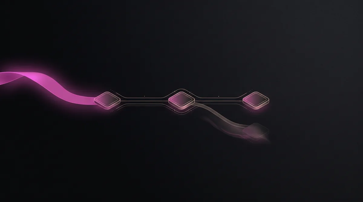 A magenta ribbon resolving into three token tiles, with a faint second path diverging at one junction