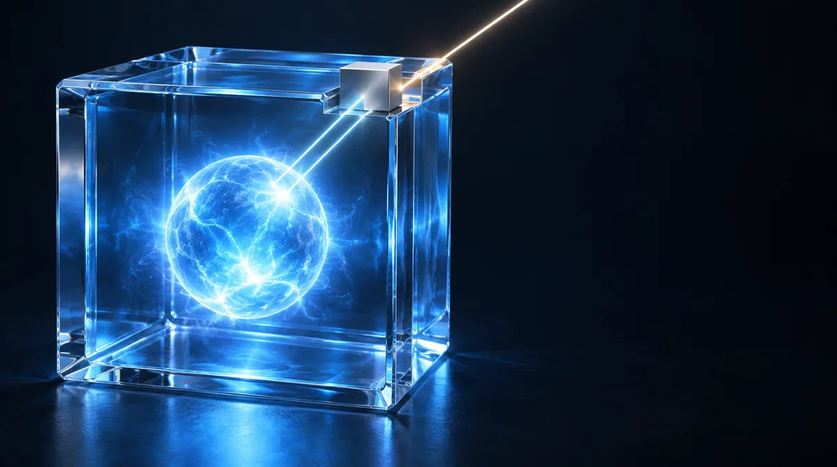 A sealed transparent cube holding a glowing sphere, with one gated channel as its only exit