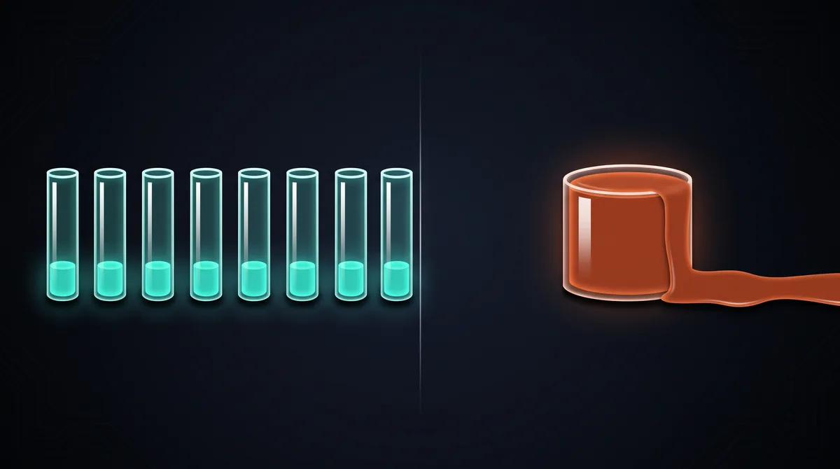 Eight identical teal glass tubes on the left, and one rust-coloured vessel spilling on the right