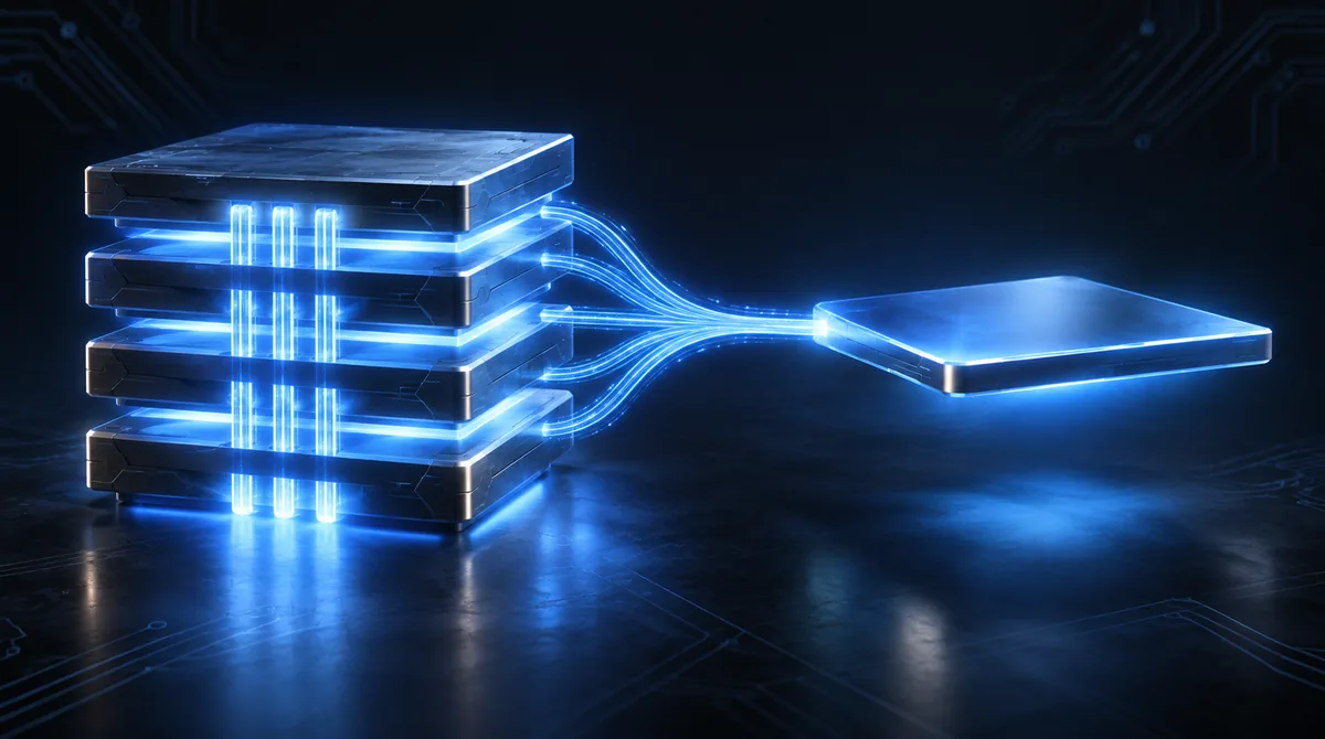 Four stacked slabs joined by light into a single plate, standing for a layered agent platform