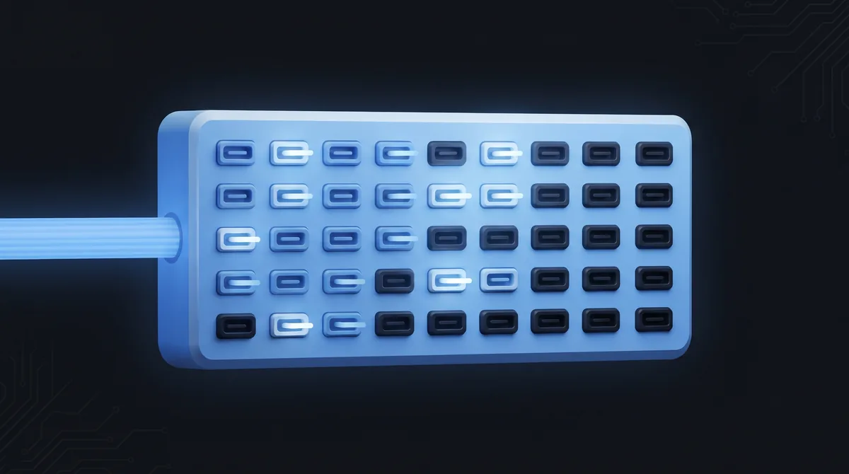 A grid panel of small slots with a few lit, fed by a single channel