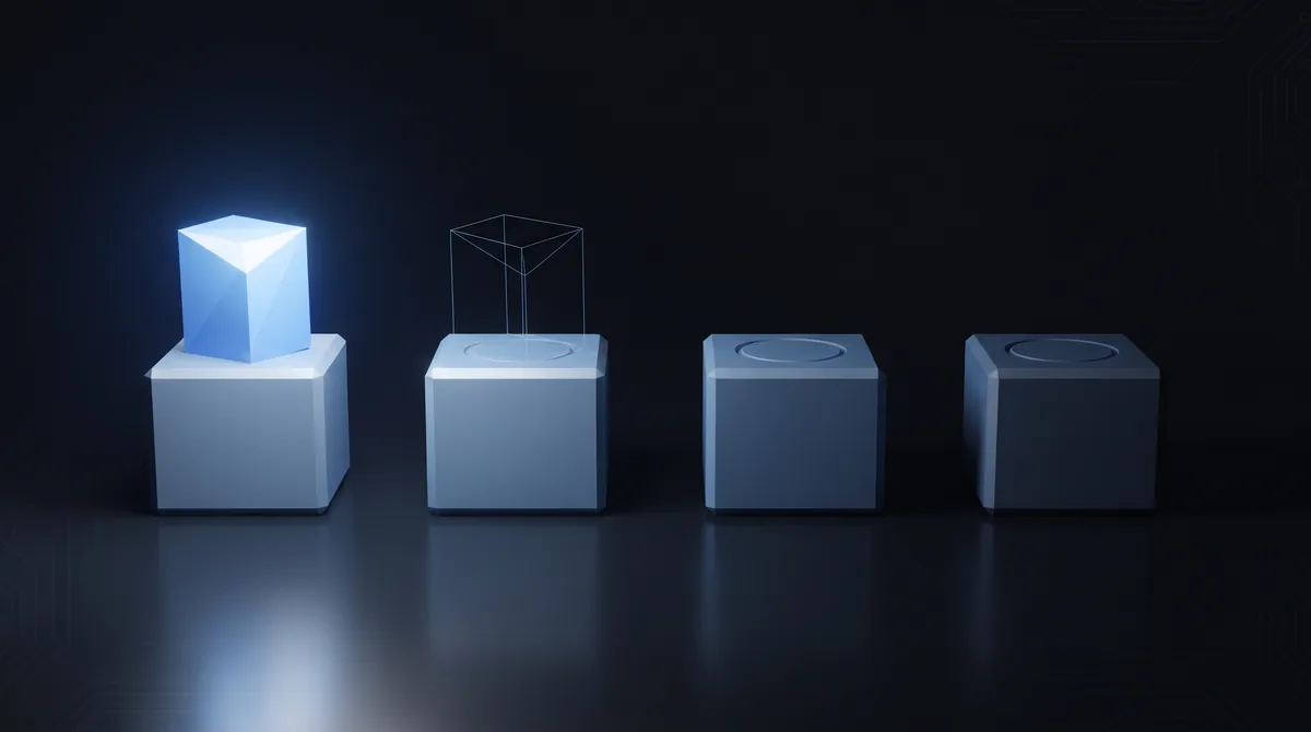 Four cubes on a reflective floor, only the first lit and raised