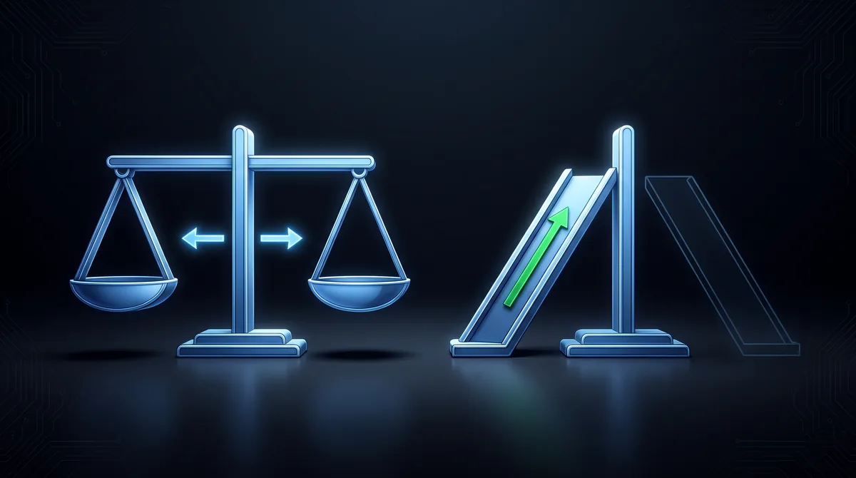 A balance scale with arrows pointing both ways beside a one-directional ramp