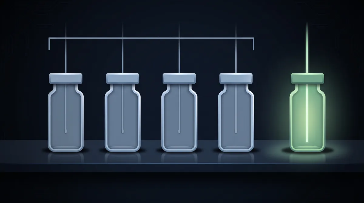 Five glass vials in a row, the first four bracketed together and the fifth glowing green