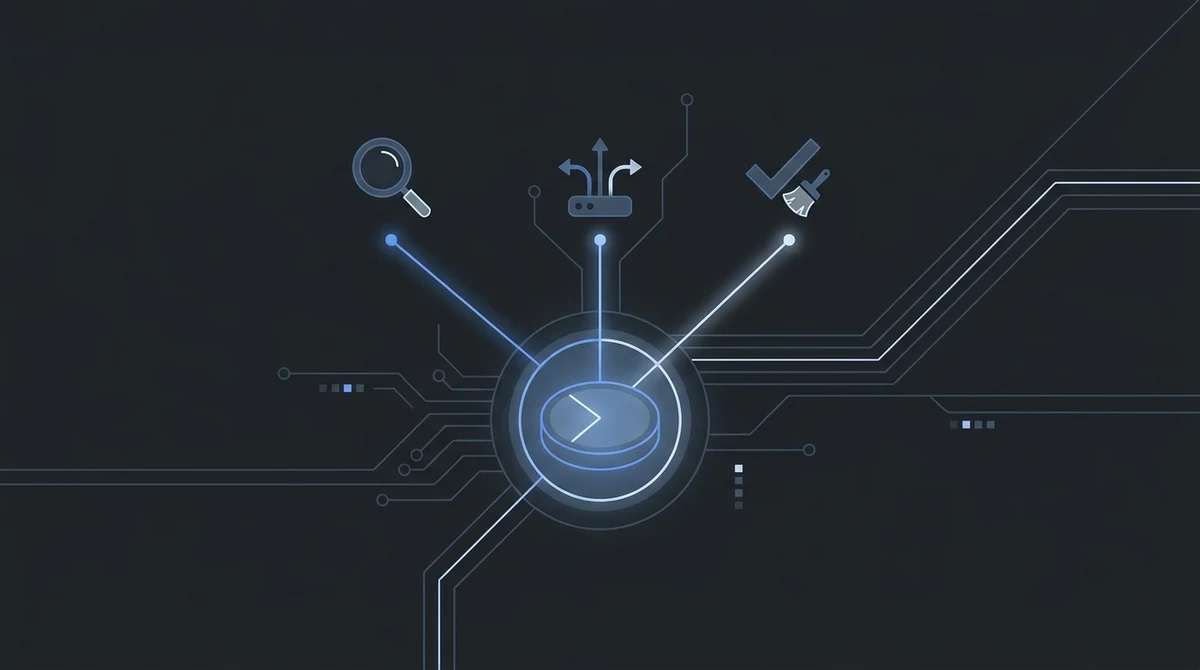 Three small tools branching from a single typed decision node