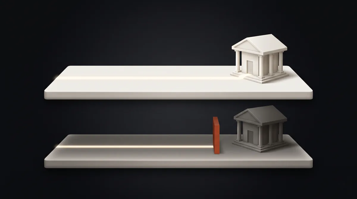 A lit platform where a path reaches a columned building, above a dim one where a rust bar stops the same path